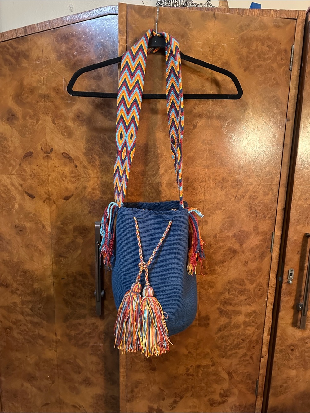 Handwoven Blue Bucket Bag with Multicolor Strap